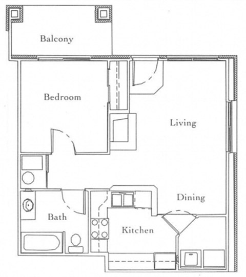 Floor plan for 1 bed, 1 bath, 644 sqft